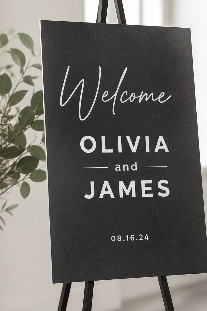 A dark charcoal acrylic panel with subtle speckle texture. White vinyl text reads "Welcome" and the couple's names in a bold font with date at the bottom.