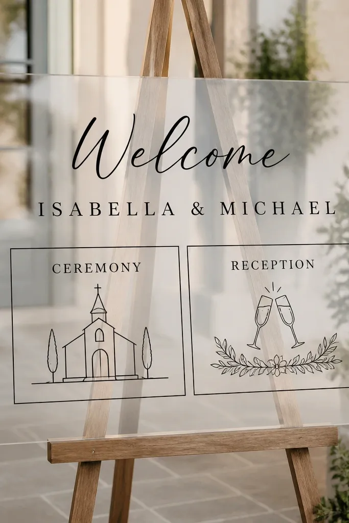 Clear acrylic sign with black vinyl. Two boxed sections labeled "Ceremony" and "Reception" sit side by side, with "Welcome" above and the couple's names in the middle.