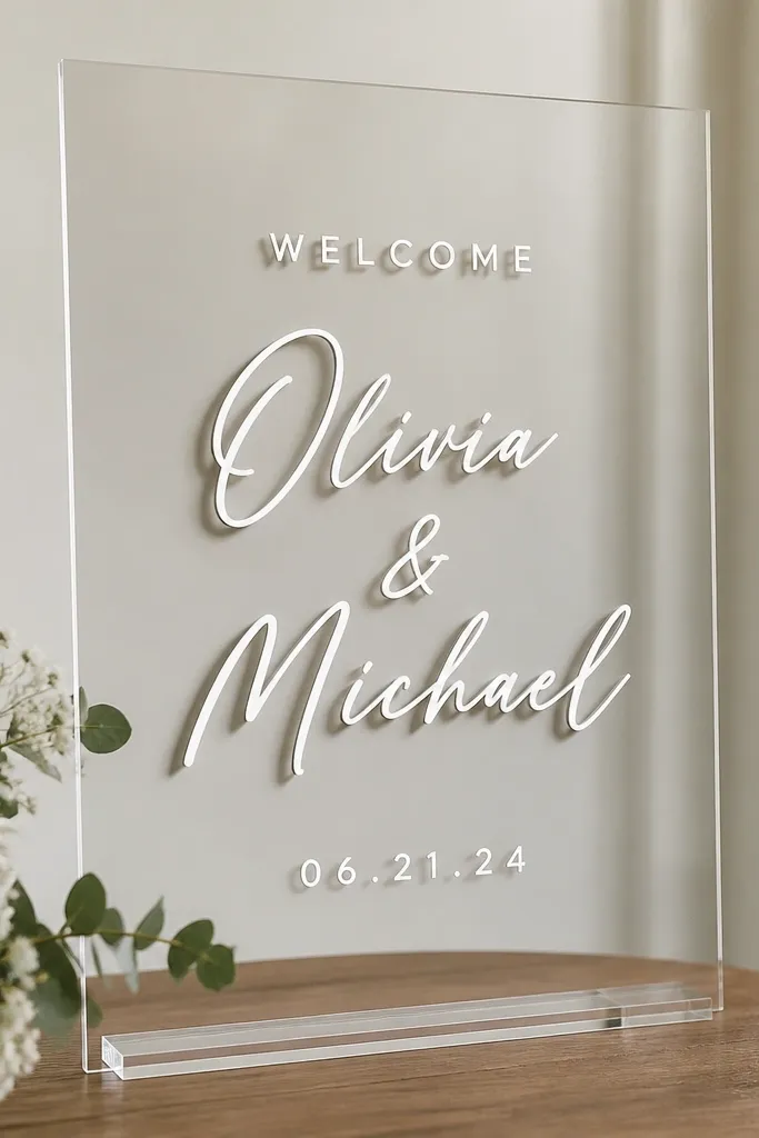 A clear acrylic sign where the names have a dark shadow offset behind them, creating a raised look. "Welcome" sits above in simple text, and the date is centered at the bottom.