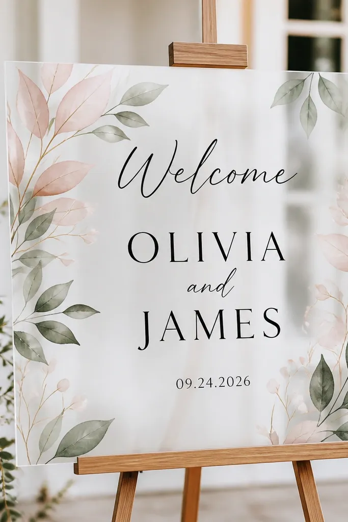 A clear acrylic sign with a soft watercolor-style backprint of blush and muted green leaves. Black vinyl text reads "Welcome" and the couple's names in the center, with date below.