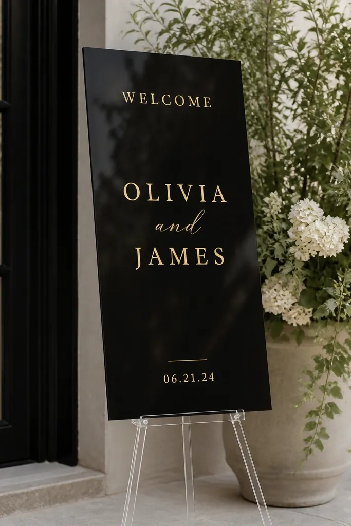 A tall black acrylic welcome sign with vertical text: "WELCOME" at the top, couple's names stacked in the middle in gold foil-style vinyl, and date at the bottom. It stands on a slim clear easel.