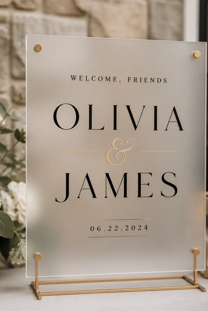 Frosted acrylic sign with "Welcome, friends" in smaller text at the top. The couple's names are large, and the date is below in a second line. The lettering uses matte black and champagne accents.