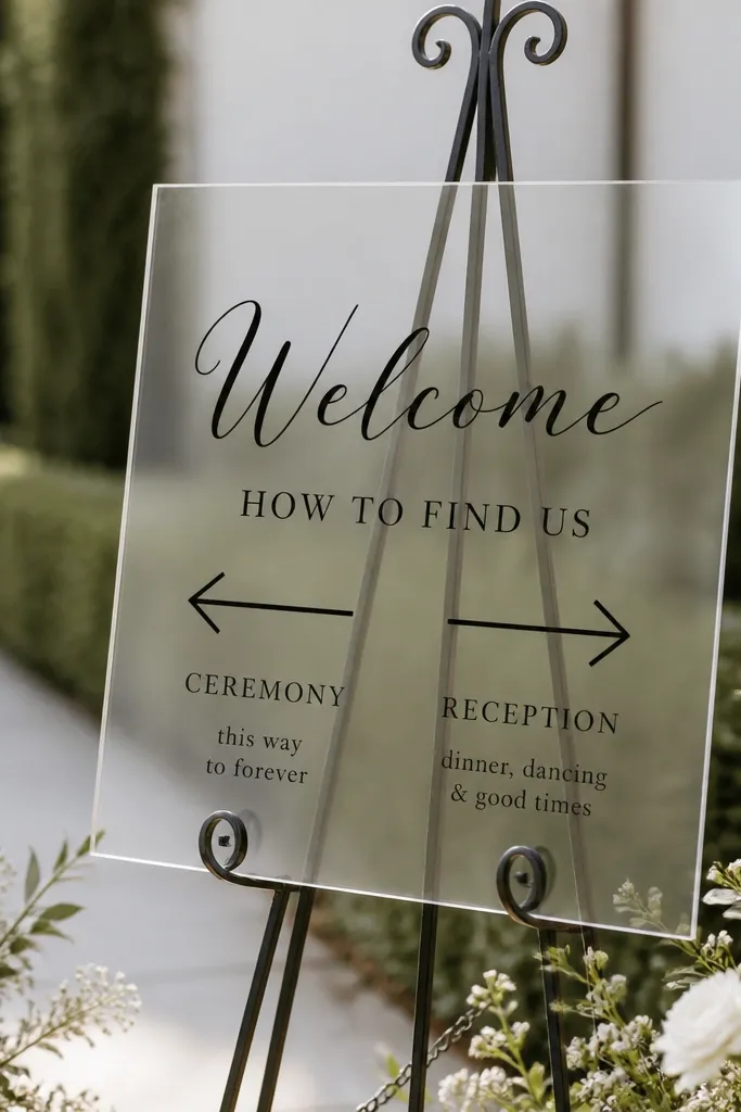 Clear acrylic sign with black vinyl. A heading reads "Welcome" and below it says "How to find us" with two simple arrows pointing left and right, plus small text for Ceremony and Reception directions.