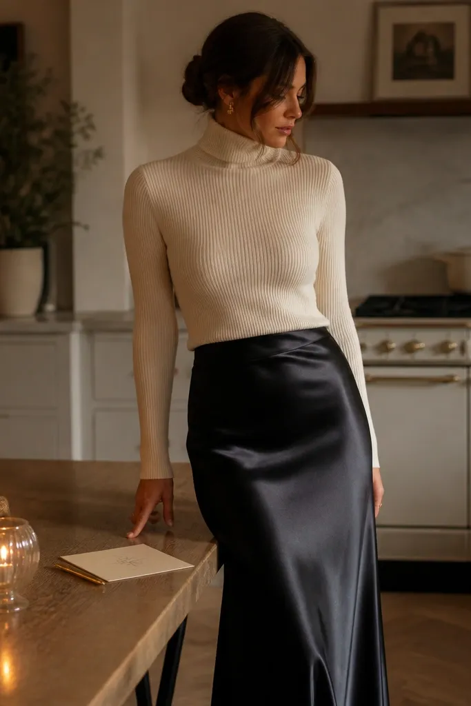 A person stands in a home kitchen wearing a cream ribbed turtleneck and a black satin slip skirt that catches warm candlelight. A small cluster of candles sits on the table in clear glass holders. There's a handwritten card on thick cardstock with a gold pen. The lighting is warm, and the outfit glows softly against the dark skirt.