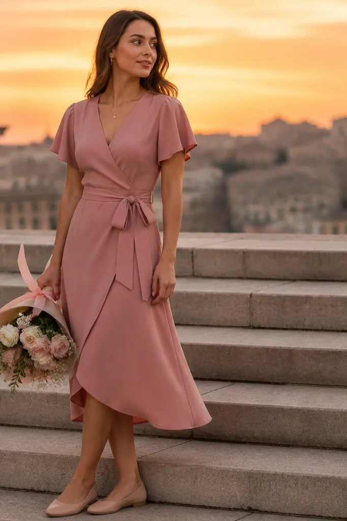 A woman in a rose pink wrap dress stands on outdoor steps at sunset. The dress has a tied waist and a soft V neckline. She wears nude flats and a small gold necklace. A simple bouquet sits wrapped in blush paper with a matching pink ribbon. The sky is orange and the background is softly blurred buildings.