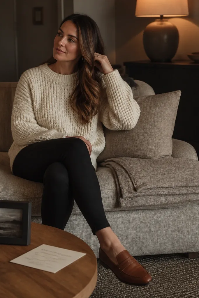 A woman sits on a couch wearing a cream chunky sweater and black leggings with a smooth finish. She has cognac leather loafers visible. On the coffee table, there's a small framed photo and a handwritten card on thick cream cardstock. A neutral throw blanket is folded neatly, and the lighting is warm and low.