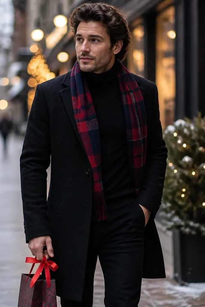 A person walks on a city sidewalk in winter wearing a black fitted turtleneck and a dark coat. A red-and-navy plaid scarf wraps around the neck. There's a small gift bag tied with red ribbon in one hand. The background has soft street lights and a blurred storefront sign. The outfit color accents match the ribbon.