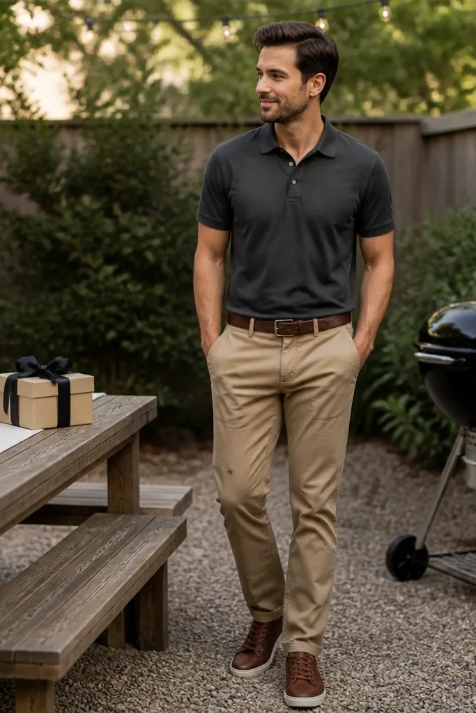 A man stands in a backyard near a grill wearing a charcoal polo shirt and tan chinos. He has a simple leather belt and brown sneakers. A small gift box sits on a picnic table with a black ribbon. The table has a white paper runner and a few candles in glass jars.