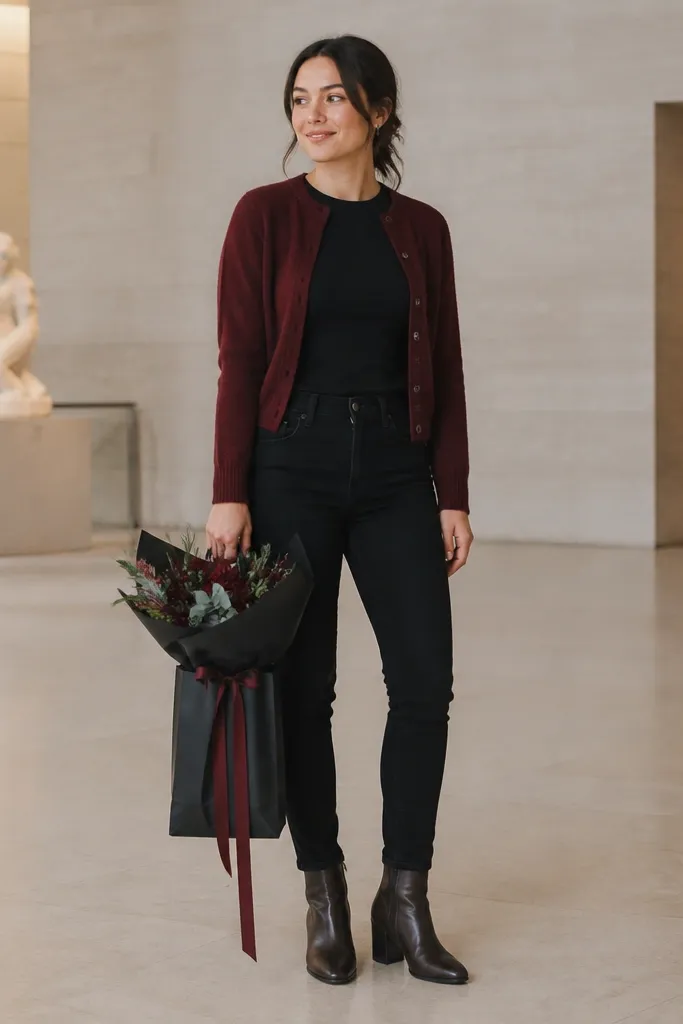 A person stands in a museum lobby wearing a burgundy cardigan over a black fitted top and black jeans. They wear dark leather ankle boots. A small bouquet wrapped in black paper sits in a gift bag tied with burgundy ribbon. The background has neutral stone walls and soft overhead lighting.