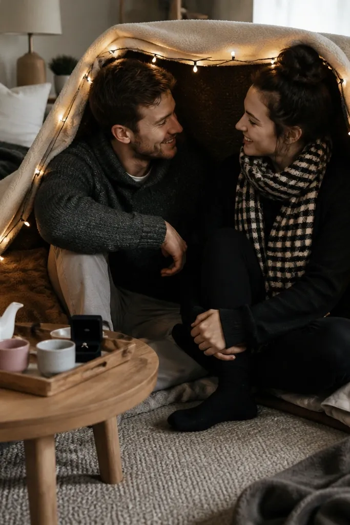 A couple sits inside a blanket fort in a living room. One person wears a monochrome outfit: black leggings and a black crewneck top. A checkered scarf in black-and-cream wraps around the neck. A string of warm white fairy lights outlines the fort entrance. There's a small table with a tray of tea, and a ring box sits on the tray.