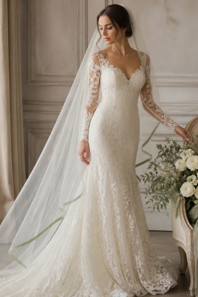 An ivory lace wedding gown with delicate floral sleeves and a veil that has a thin sage green border along the outer edge; the bride stands beside sage and cream bouquets on a cream chair.