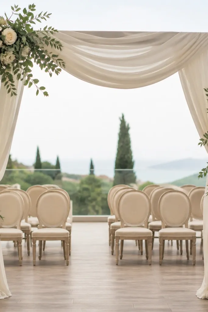 A wedding ceremony arch wrapped in cream linen drapes with sage green floral clusters and eucalyptus garland; chairs behind are upholstered in cream fabric.