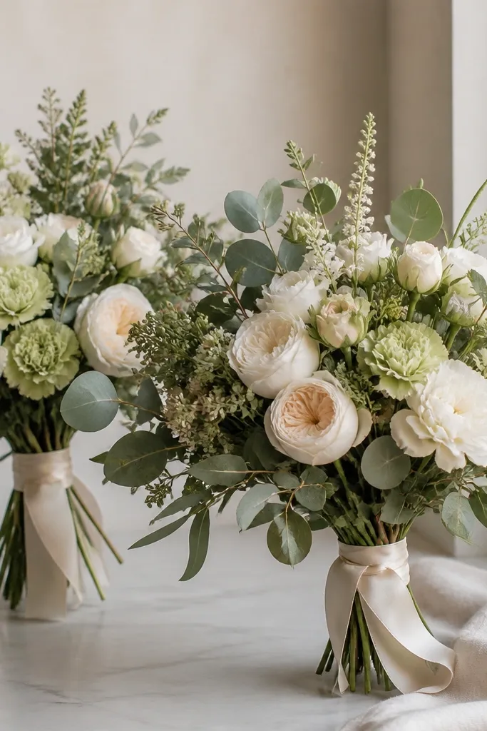 Two hand-tied bouquets: one in sage green tones with cream garden roses, eucalyptus, and pale green spray flowers, wrapped in cream ribbon.