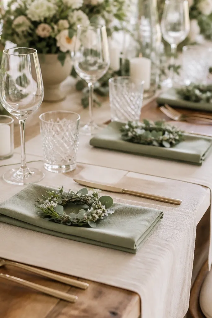 A reception table with cream runners, sage folded napkins, and small floral rings made of eucalyptus and cream mini blooms placed around each napkin.