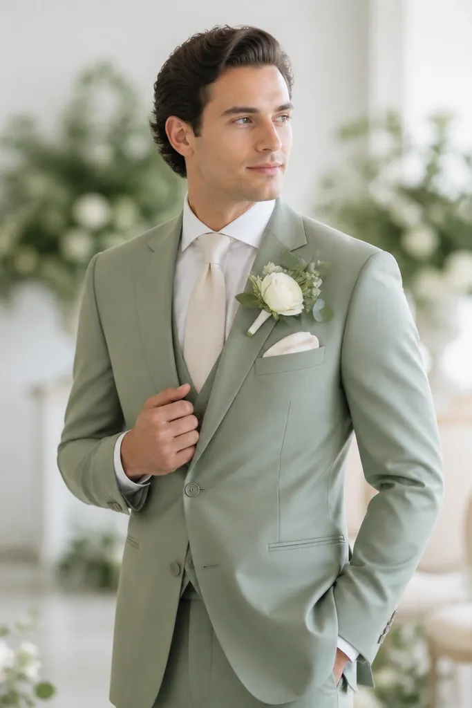 A groom in a sage green suit with a cream pocket square and a cream boutonniere with eucalyptus; the background shows cream chairs and pale greenery.