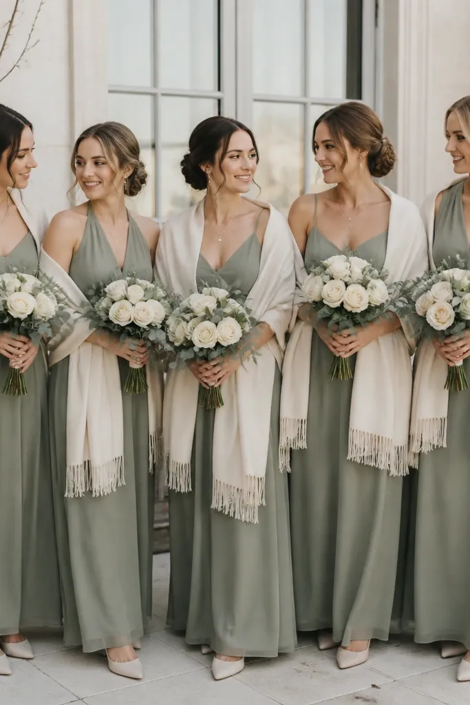 Bridesmaids in sage dresses paired with cream wrap shawls and cream shoes; everyone holds bouquets with cream roses and eucalyptus.