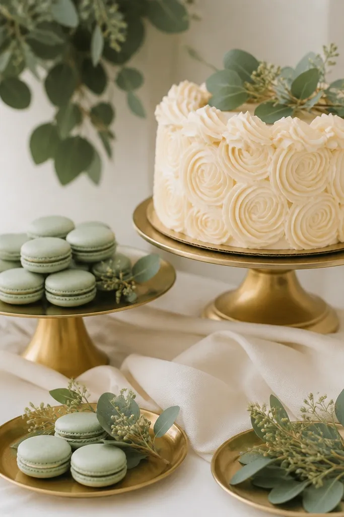 A dessert table covered in cream linens with sage green macarons, a cake with cream buttercream swirls, and small eucalyptus on gold plates.