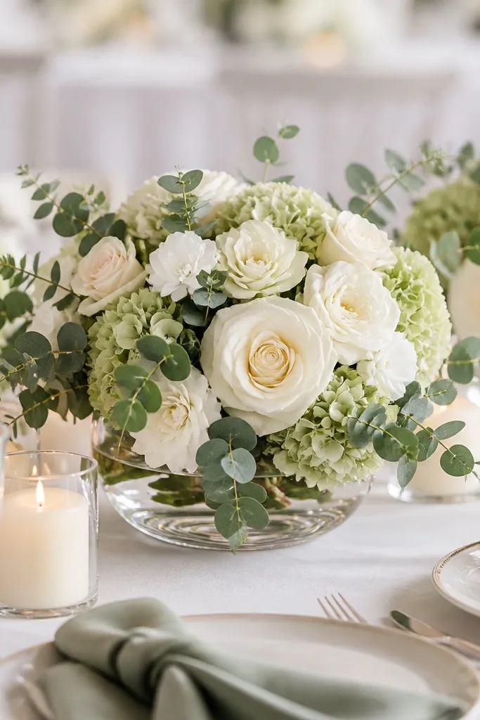 Low clear glass bowls filled with cream roses, white blooms, sage-green hydrangea, and eucalyptus; the table also has cream candles and sage napkins.