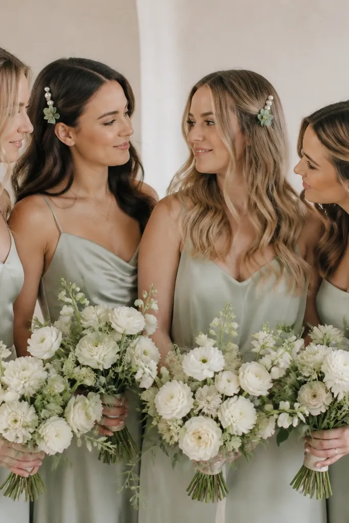 Bridesmaids with soft waves wearing small sage green hair clips and cream pearl pins near the side part; the scene includes cream bouquets and sage florals.