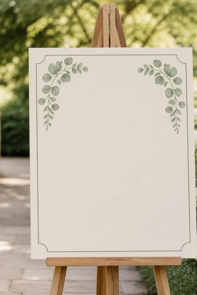 A cream welcome sign on an easel with sage lettering, small eucalyptus sprigs at the top corners, and a simple border in sage green; the background is a garden path.