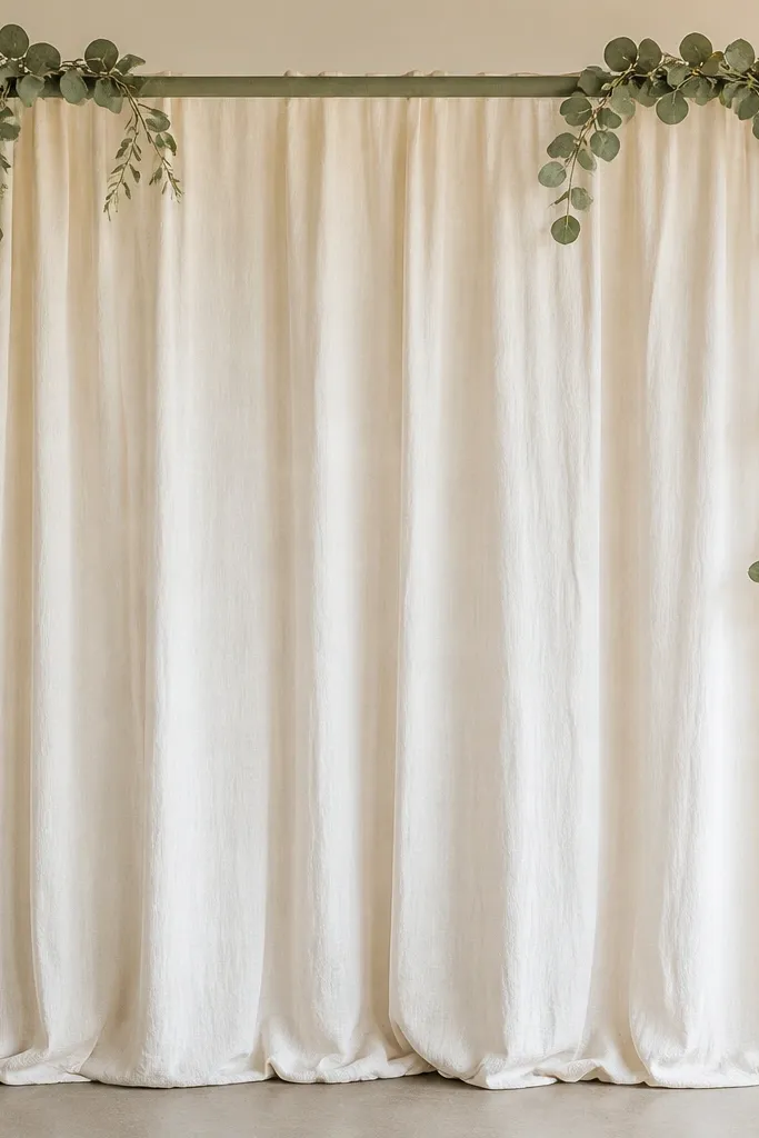 A photobooth backdrop made from cream linen hanging panels with a sage green ribbon line across the top and eucalyptus garland draped in the corners.