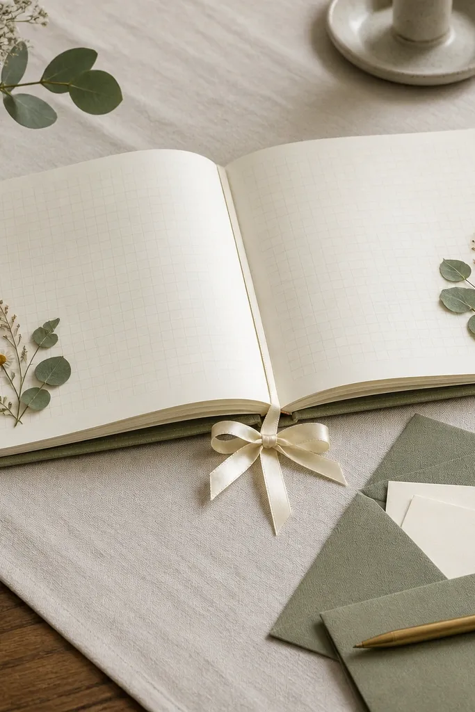 A sage green linen guestbook laid open on a cream table runner. Each page has a faint grid for writing, small pressed sprigs of eucalyptus and dried chamomile tucked into the corners, and a cream satin ribbon bookmark tied in a neat double bow. A matching sage envelope set holds extra blank cream cards for well-wishes, with a brass pen resting on top.