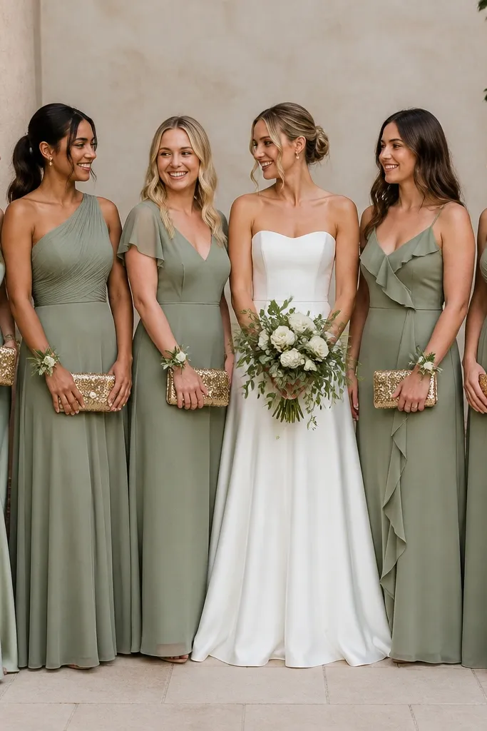 A lineup of bridesmaids in different sage dress styles - one satin, one chiffon - with a bride in white. Each bridesmaid holds a small gold sequin clutch, and a sage boutonniere sits at the wrist.