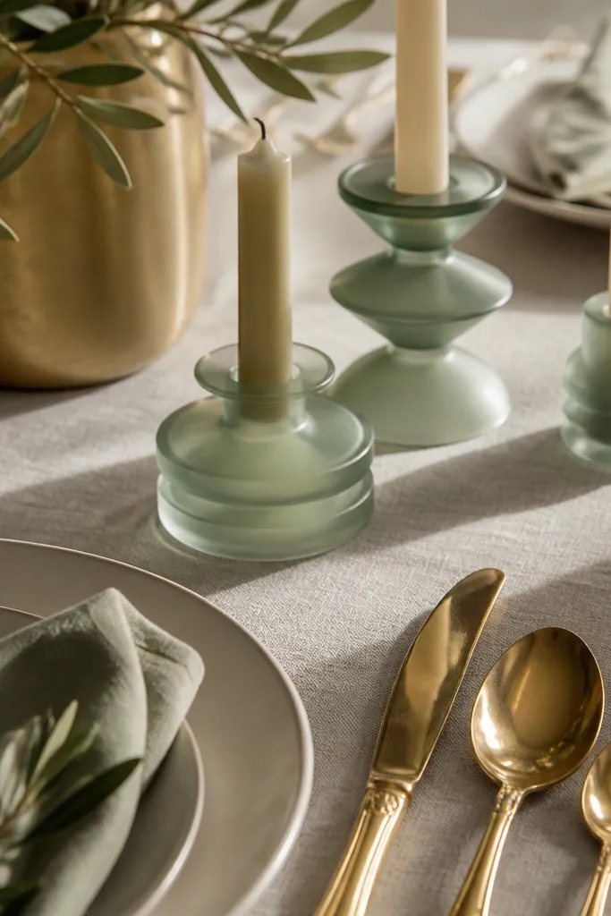 A close table shot showing antique gold cutlery and a few sage-toned acrylic holders with taper candles. The holders have a subtle frosted look and catch light.