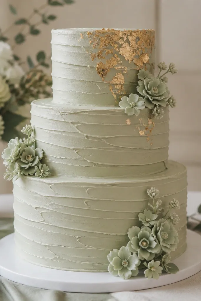 A three-tier wedding cake in soft sage with white textured buttercream ridges. Gold leaf accents sit on the top tier, and small sage sugar flowers decorate the sides.