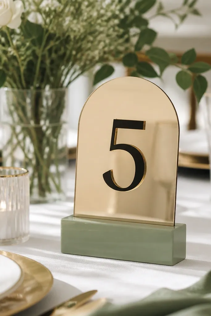 Table numbers displayed on small gold mirror cards placed on sage acrylic blocks. The numbers are printed in black with gold trim, and the cards stand at each table setting.