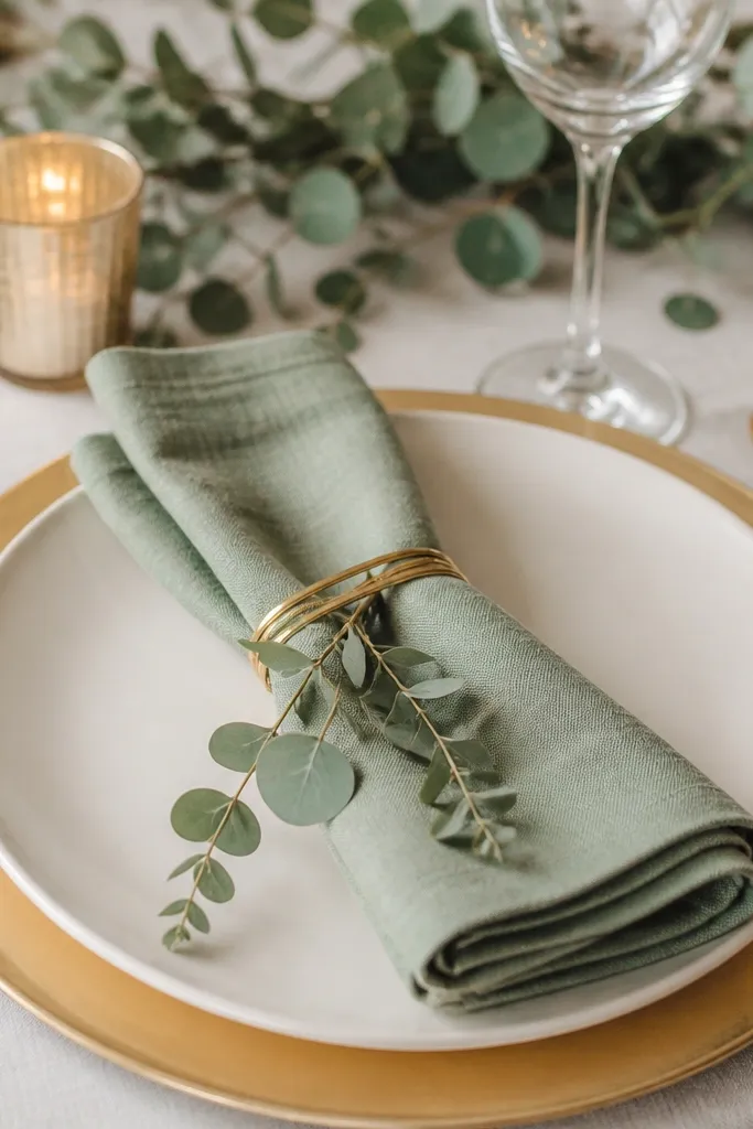 Folded sage napkins wrapped with simple gold wire rings. Small faux eucalyptus sprigs hang from each ring, and the napkins sit on ivory plates with gold chargers.