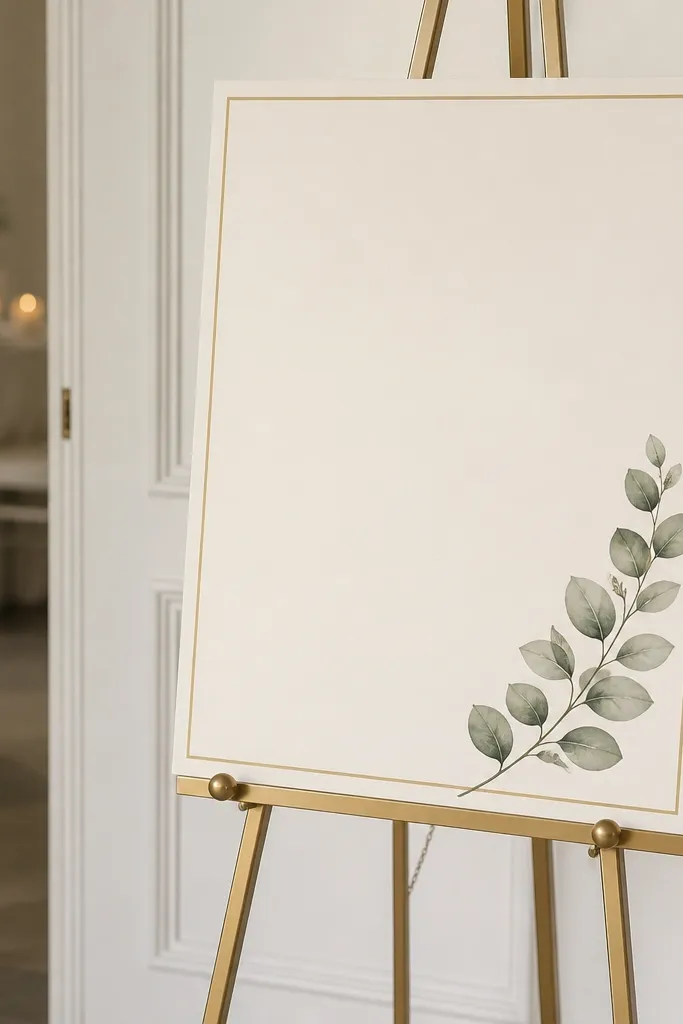A welcome sign on a brushed gold easel. The sign is cream cardstock with sage lettering and a thin gold border, plus a small eucalyptus sprig illustration at the corner.