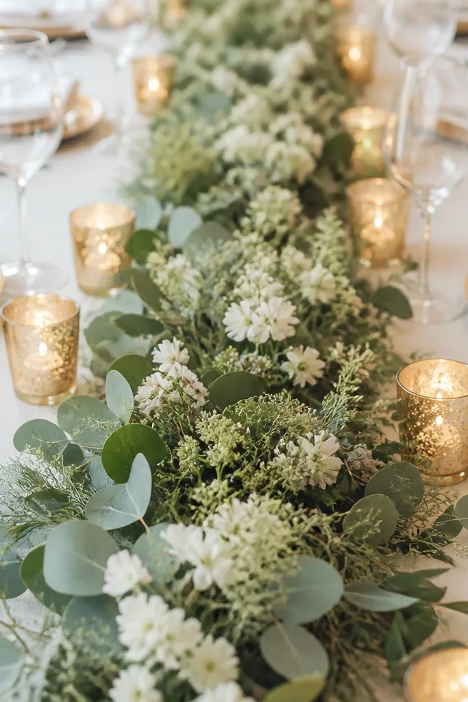 A long table runner of mixed sage greenery and small white flowers. Gold confetti glass votives line the runner in pairs, and the table has gold-rim chargers.