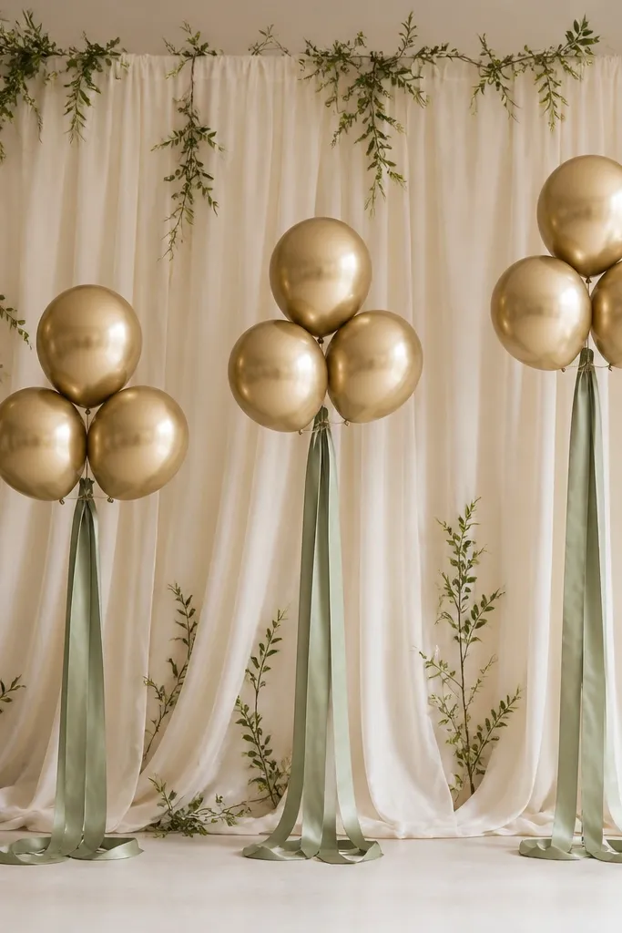 A photo backdrop area with brushed gold balloons clustered in groups of three, plus sage satin ribbon tails hanging down. The background is a cream drape with small greenery.