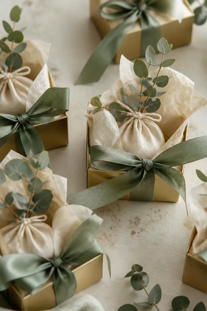 Mini gold boxes tied with sage ribbon. Inside are small sachets, and dried eucalyptus sprigs peek out above cream tissue paper.