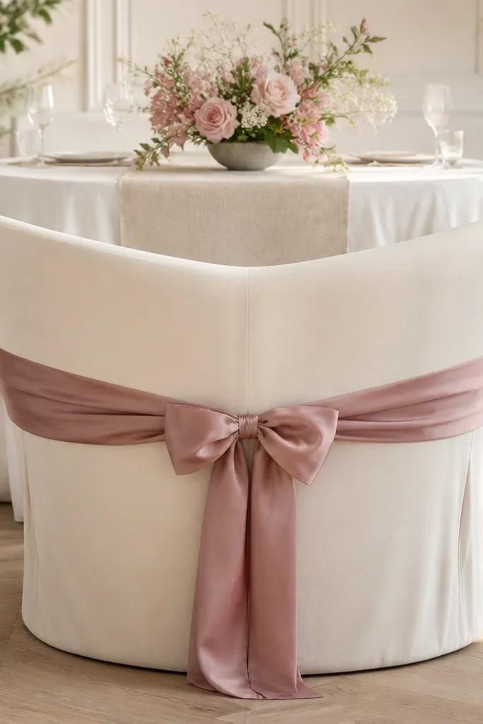 A sweetheart chair is wrapped in a crisp cream chair cover. A dusty-rose satin sash ties in a soft bow at the back. The table has a natural linen runner with a simple, centered arrangement of small blush flowers in a low vase.