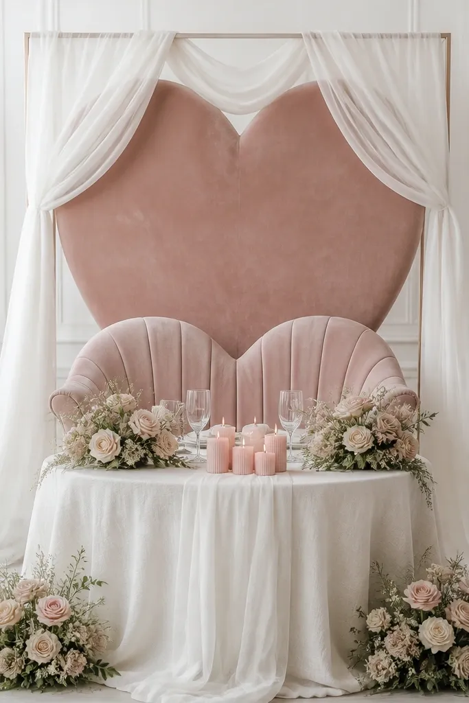 Behind the sweetheart chair, a blush velvet heart-shaped panel is attached to a simple stand or frame. A white gauze drape hangs in soft layers down the sides. The table has a white runner with a few blush candles clustered near the center.