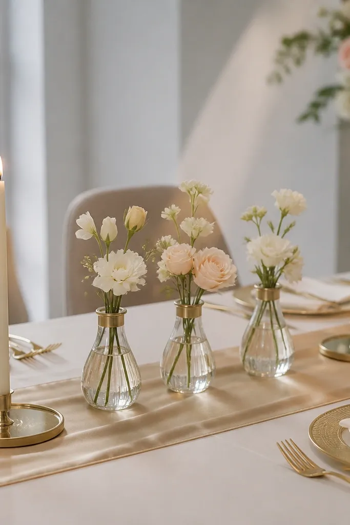 A champagne satin runner stretches down the center of the table. Three gold-rimmed bud vases sit in a line with small cream and pale peach blooms. Two slim taper candles sit on either side on mirrored or gold chargers.