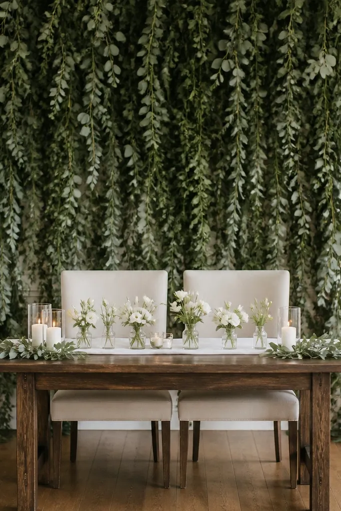 A thick greenery garland hangs behind the sweetheart chair, layered like a curtain. The table has a simple white runner and a few white bud clusters in small glass containers. Candles sit on either side with minimal leaves around them.