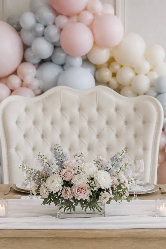Behind the sweetheart chair is a balloon garland made of pastel clusters (blush, pale blue, and cream). The table has a white runner and a small low floral arrangement in a clear acrylic vase with candles at the sides.
