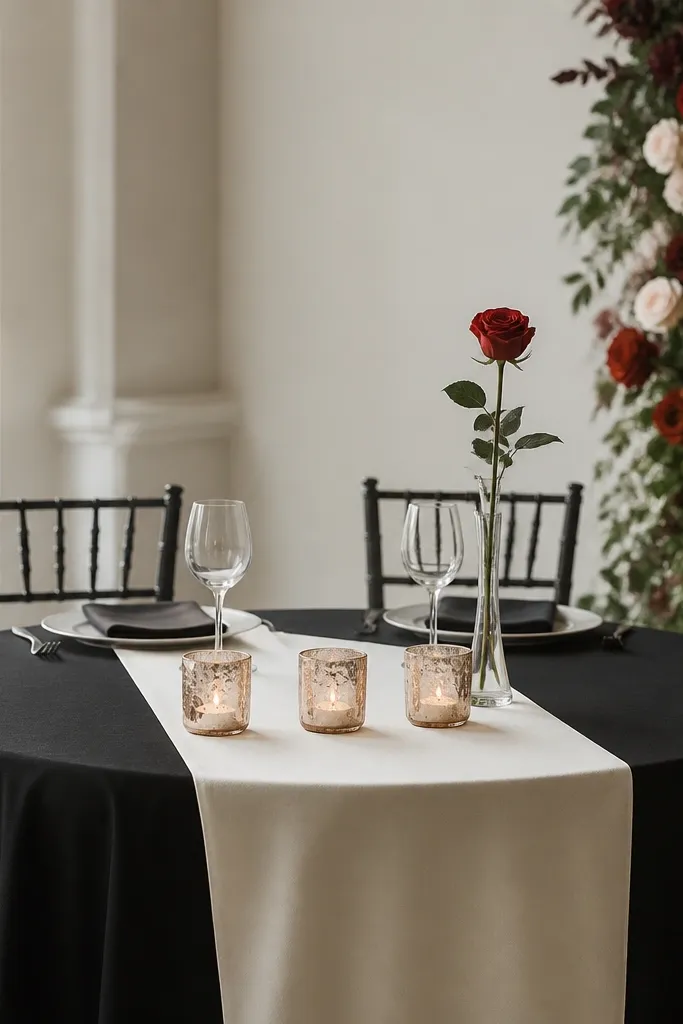 The sweetheart table uses a black tablecloth with an ivory runner. A row of three rose-gold candle holders sits on the runner, and a single long stem red or deep rose rose sits in a narrow vase.