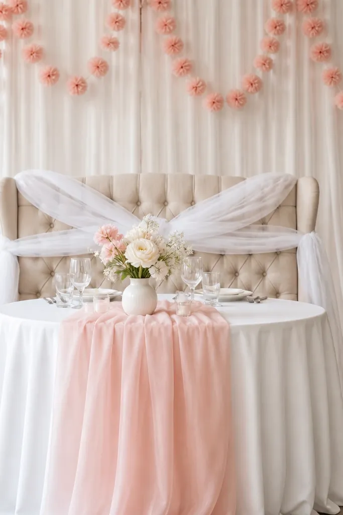 The sweetheart chair has a white tulle drape tied over the back. A blush pom-pom garland hangs behind the chair, and the table has a blush runner with a small bouquet in a white vase.