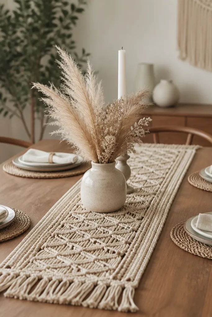 A beige macramé-style runner runs down the table center. A small bundle of dried pampas grass sits in a ceramic vase. One tall white candle stands behind the pampas.