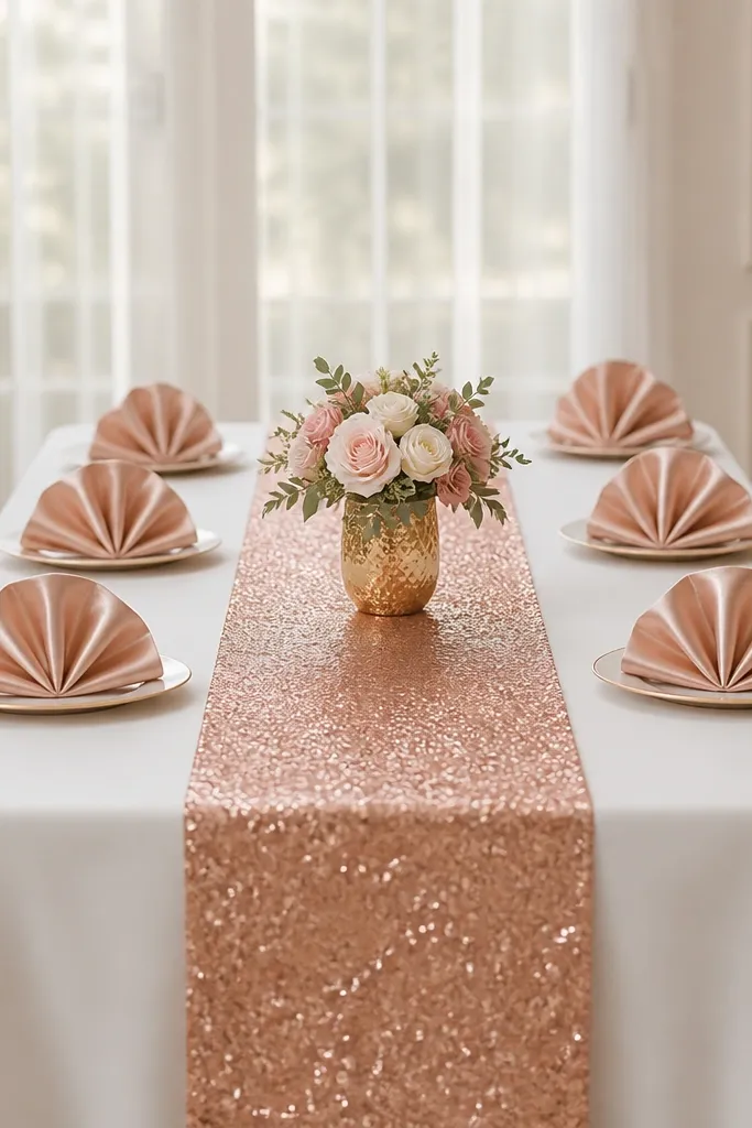 A rose-gold sequin runner sits centered down the table. Matching satin napkins are folded into a fan shape and placed at the ends near the chairs. A small floral cluster in a gold vase sits in the center.