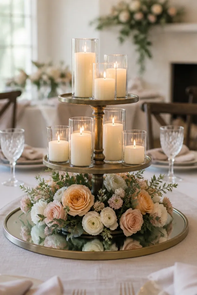 A two-tier candle stand sits on the table center with peach and cream flowers wrapped around the base. A mirrored tray reflects the candles. The table has a neutral linen runner.