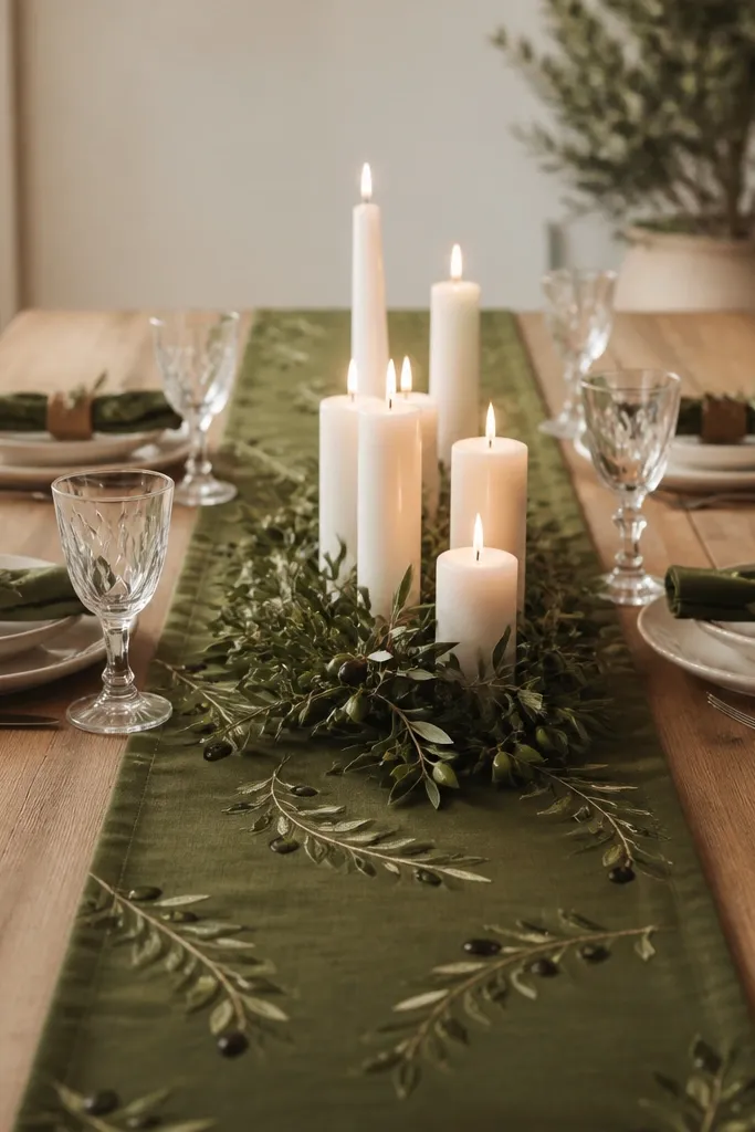 The table runner is a deep olive fabric with scattered olive branch stems. Several white candles sit in different heights on the runner, with a small greenery base at the center.