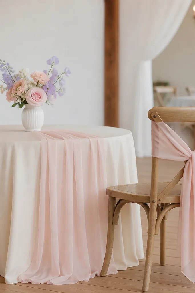 The table has an ivory base cloth with a sheer blush overlay draped down the center. A trio of flowers in pastel shades sits in a white vase. The chair has a blush ribbon tied at the back.