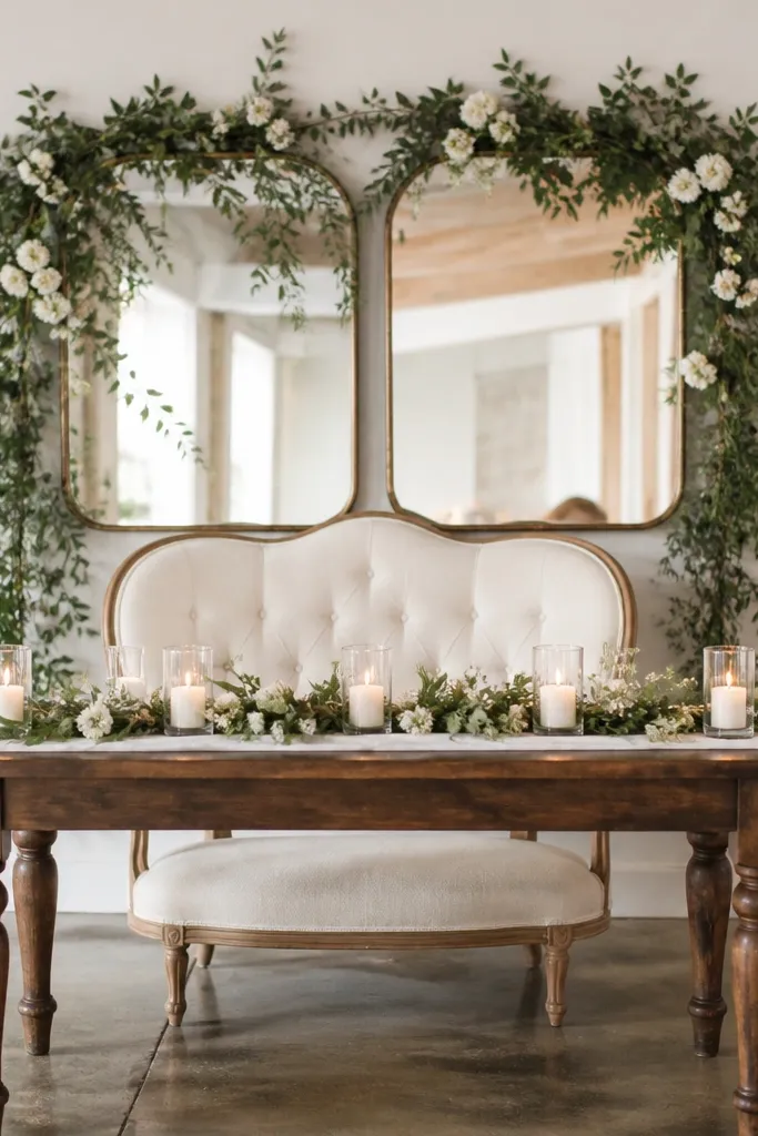 Behind the sweetheart chair there is a simple wall made from two thrifted mirrors. Faux greenery and small white blooms are arranged around the mirrors. The table has a white runner and a low candle arrangement.