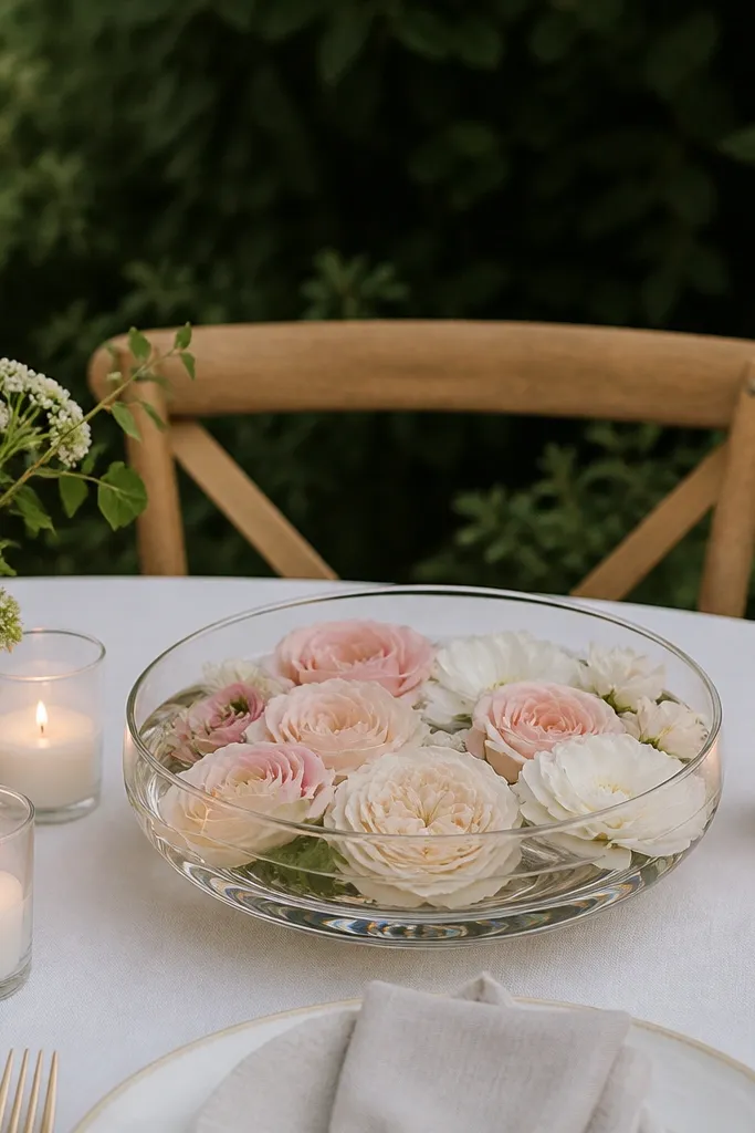 A shallow clear glass bowl sits on the table center with floating or loosely arranged blush and ivory blooms. A few candles in glass are placed around it. The backdrop is simple greenery behind the chair.