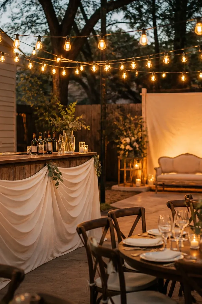 A backyard reception with warm Edison bulbs strung in gentle arcs overhead. At the bar, a cream linen swag covers the front panel, with small sprigs of eucalyptus tucked along the top edge. The tables below glow amber, and the photo area in the background has the same warm light hitting a neutral backdrop.